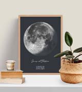 Ein Mond-Poster zwischen einer Kerze und einer Pflanze