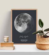 Un póster de fases de la luna entre una vela y una planta