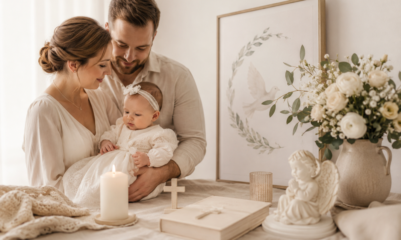Moderne Taufe Szene mit Eltern und Baby in heller beiger Dekoration mit Kerze, Schutzengel und personalisiertem Poster.