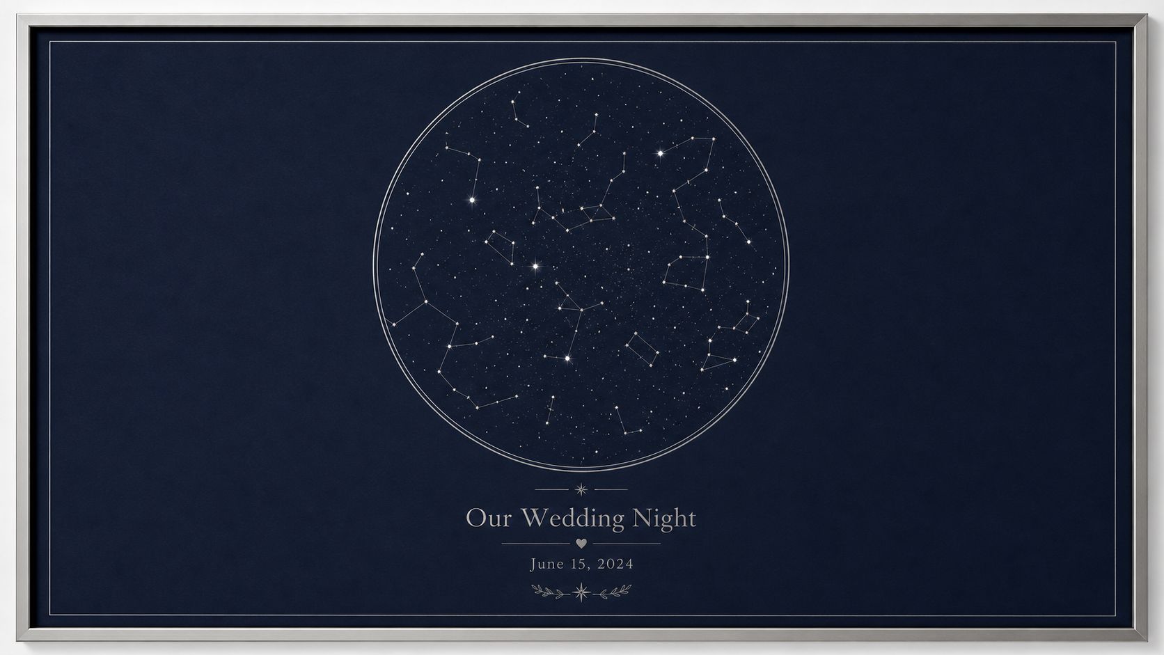 A framed dark blue star map print commemorating a wedding date with celestial constellation patterns.