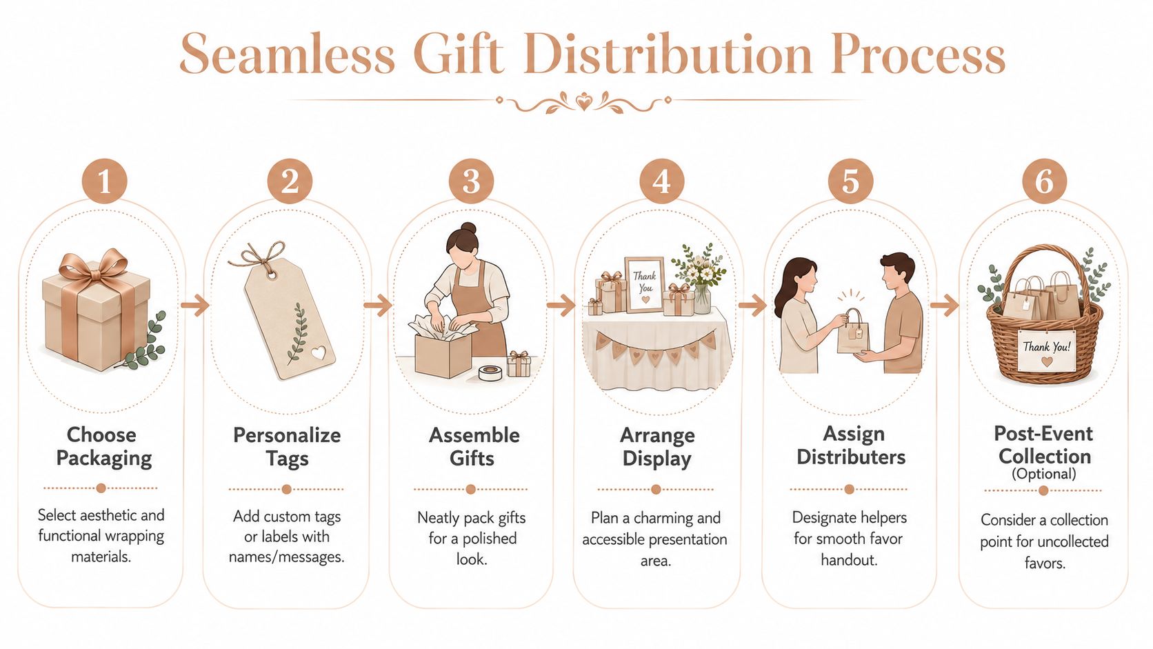 A six-step illustrated guide showing a seamless gift distribution process for weddings and special events.