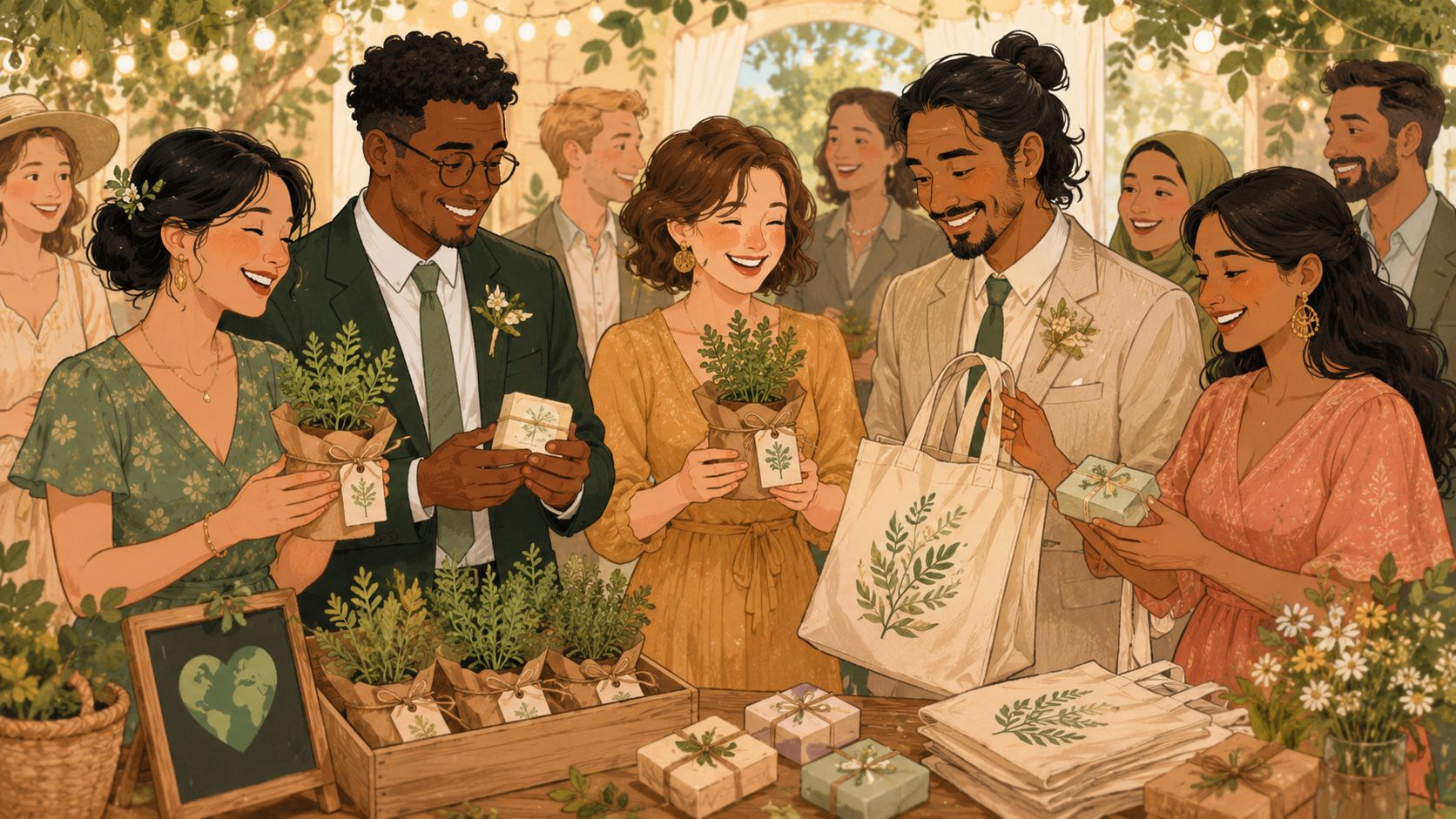 A happy group of wedding guests sharing eco-friendly gifts and potted plants at an outdoor garden reception.