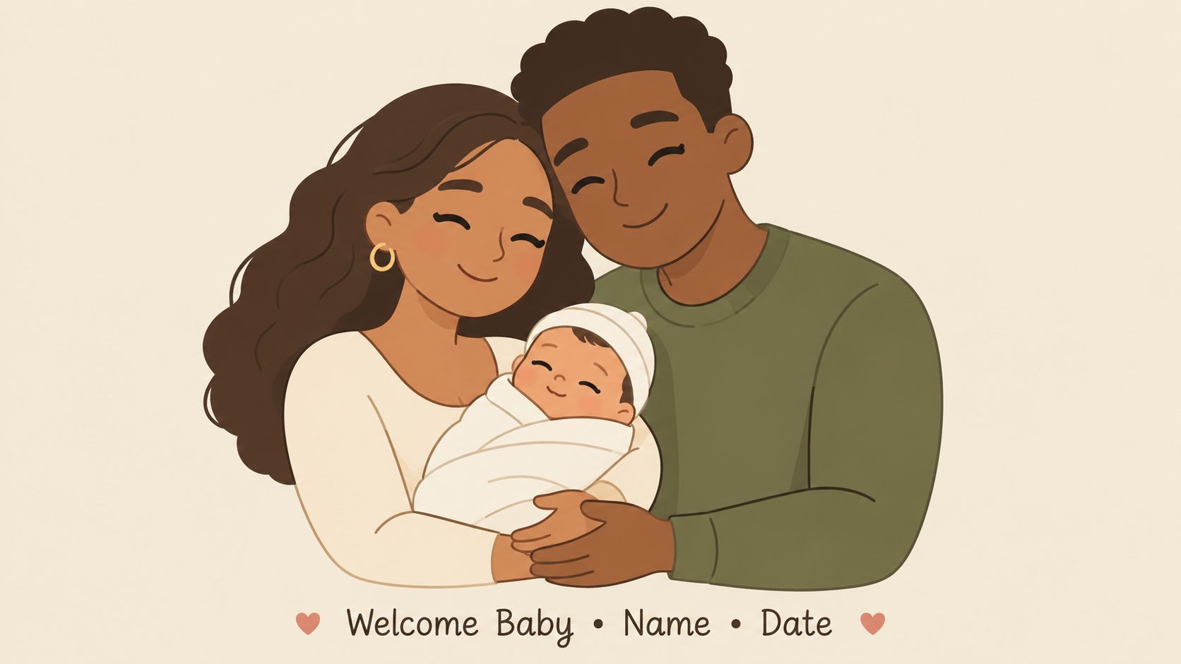 A warm illustration of a happy mother and father holding their newborn baby wrapped in a blanket.