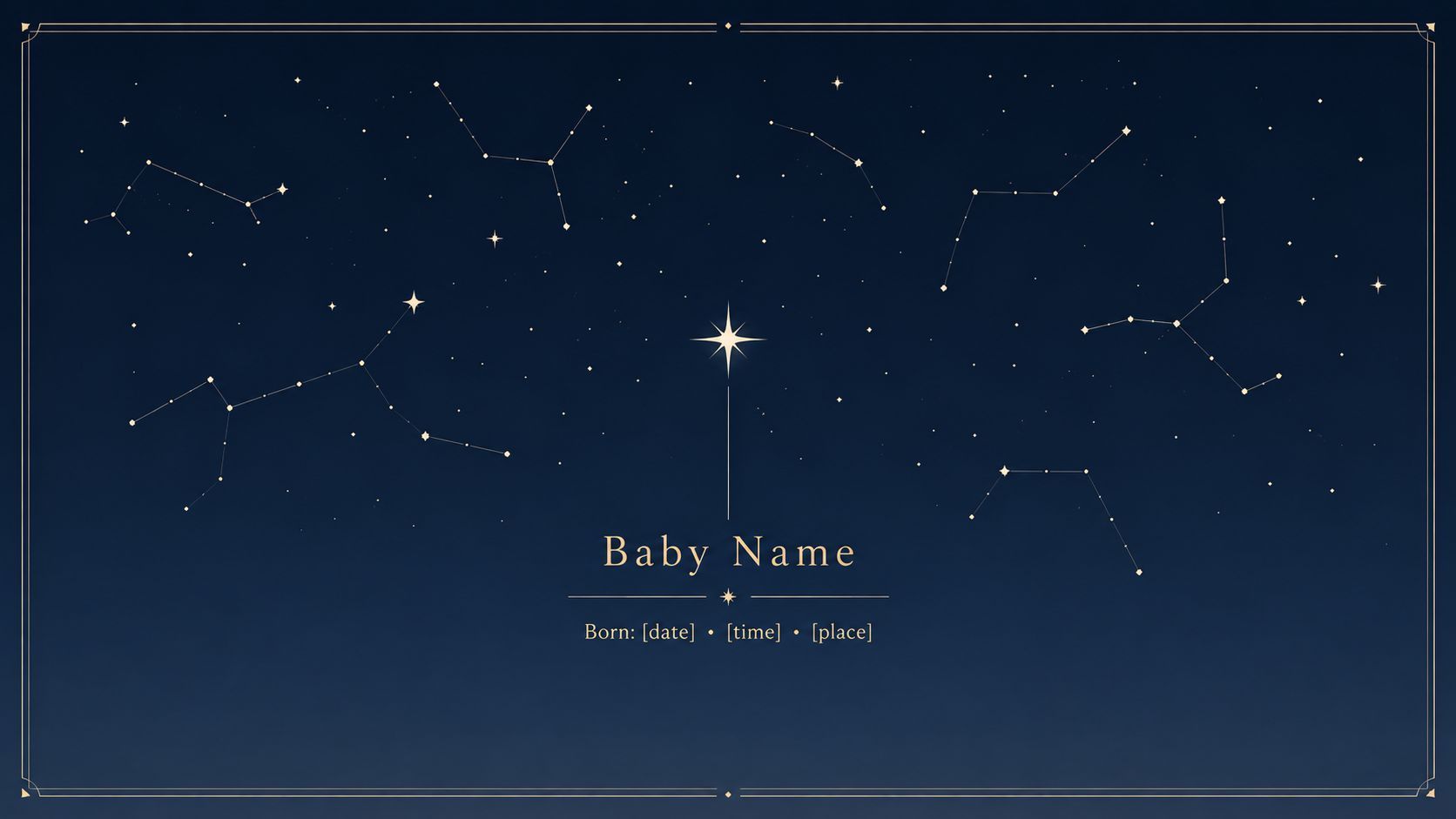 A customizable digital starry night birth announcement template featuring celestial constellations and elegant gold typography.