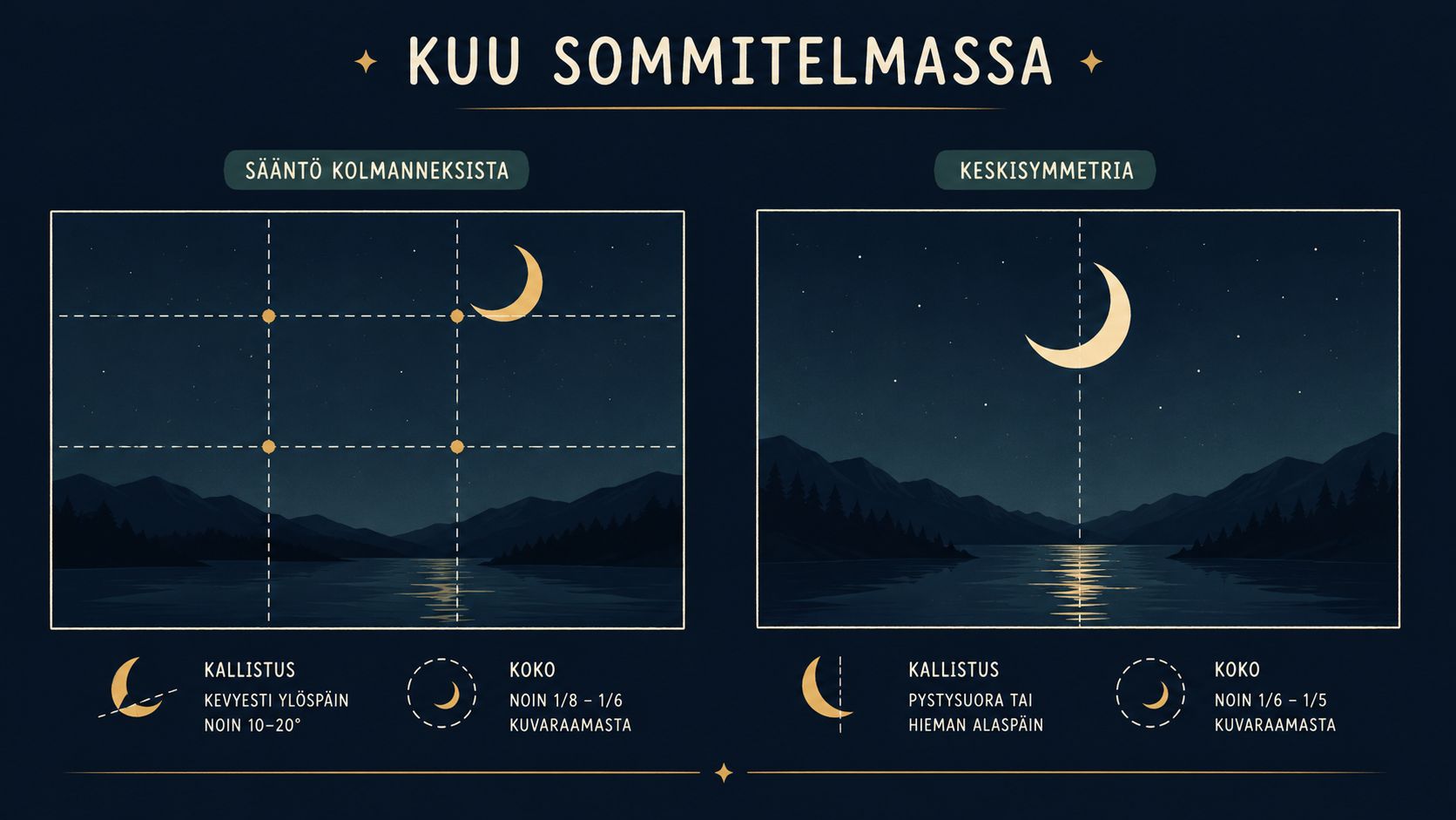 A diagram illustrating two photographic composition techniques for capturing the moon, featuring rule of thirds and central symmetry.