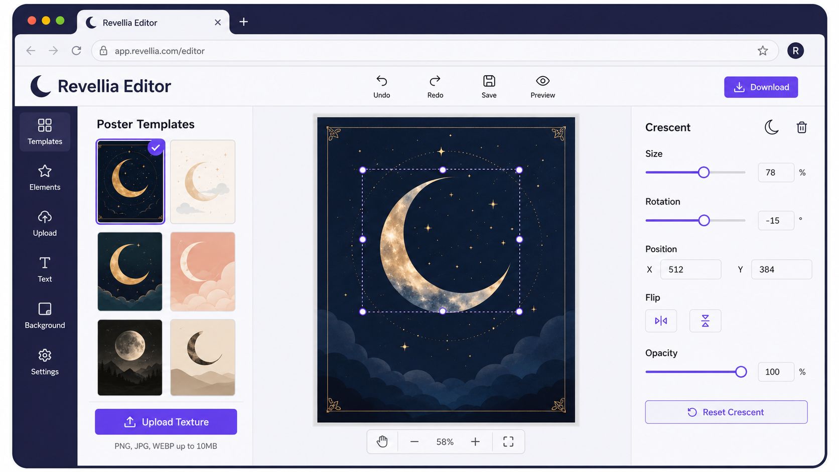 A digital design interface showing a crescent moon graphic being edited on a dark, celestial background template.