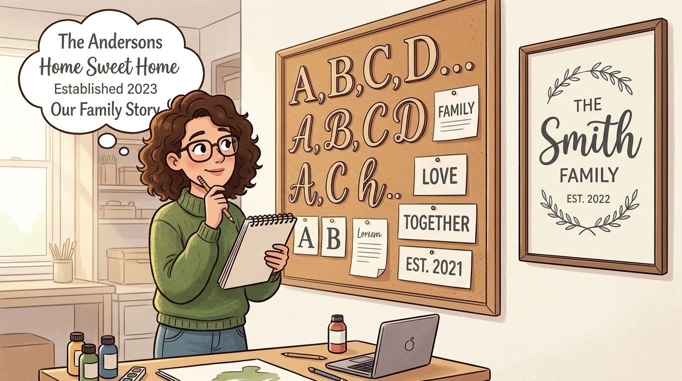 A woman creating custom family name wall art while drawing in a sketchbook in her studio.