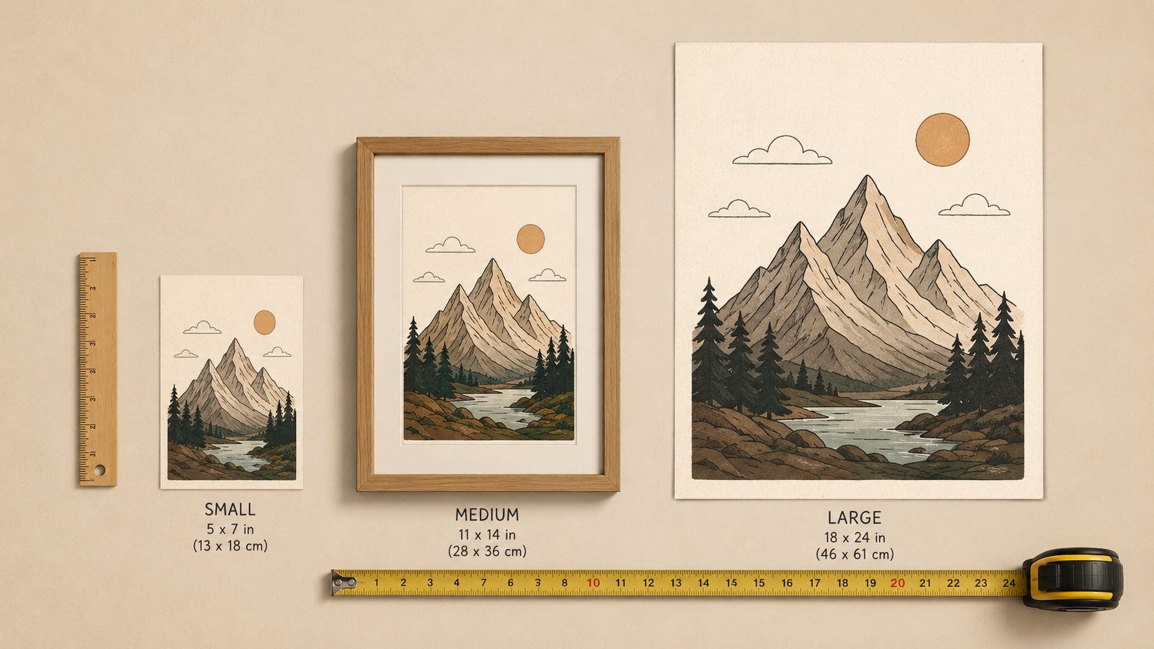 Three artistic mountain landscape prints shown in small, medium, and large sizes with a measuring tape.