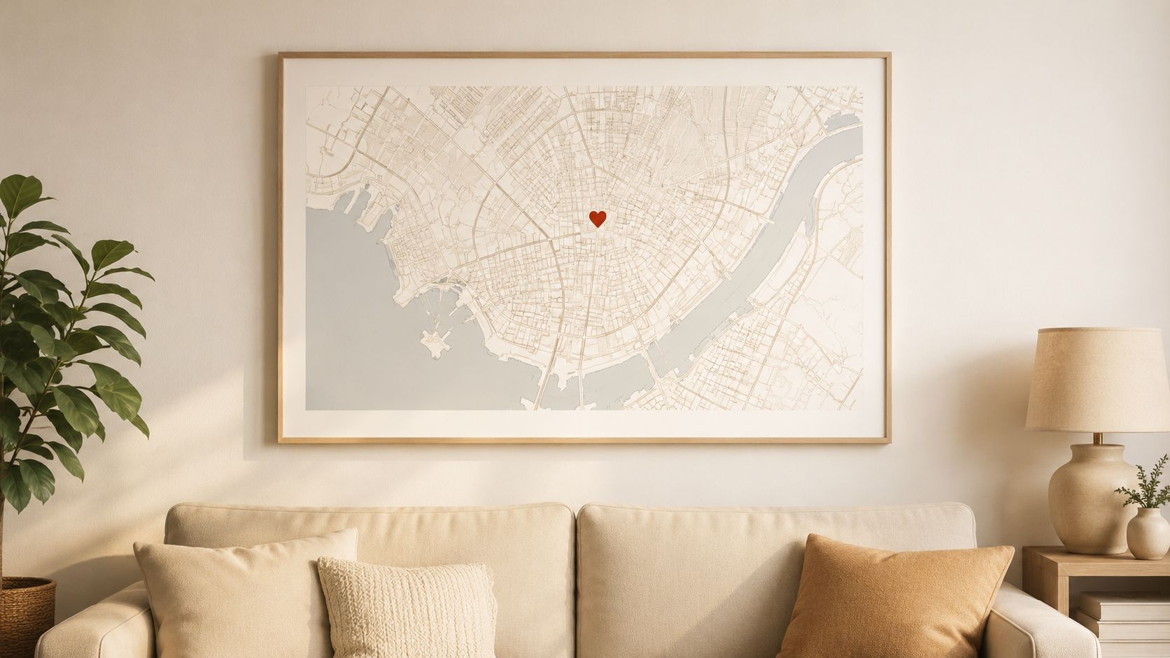 A custom map print with a red heart icon hangs in a cozy, minimalist modern living room.