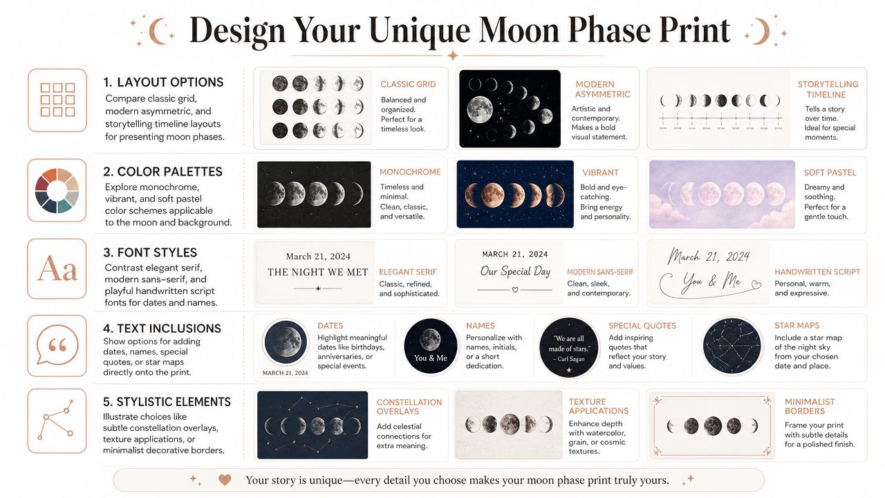 A guide for designing a custom moon phase print with various layout, color, and font style options.