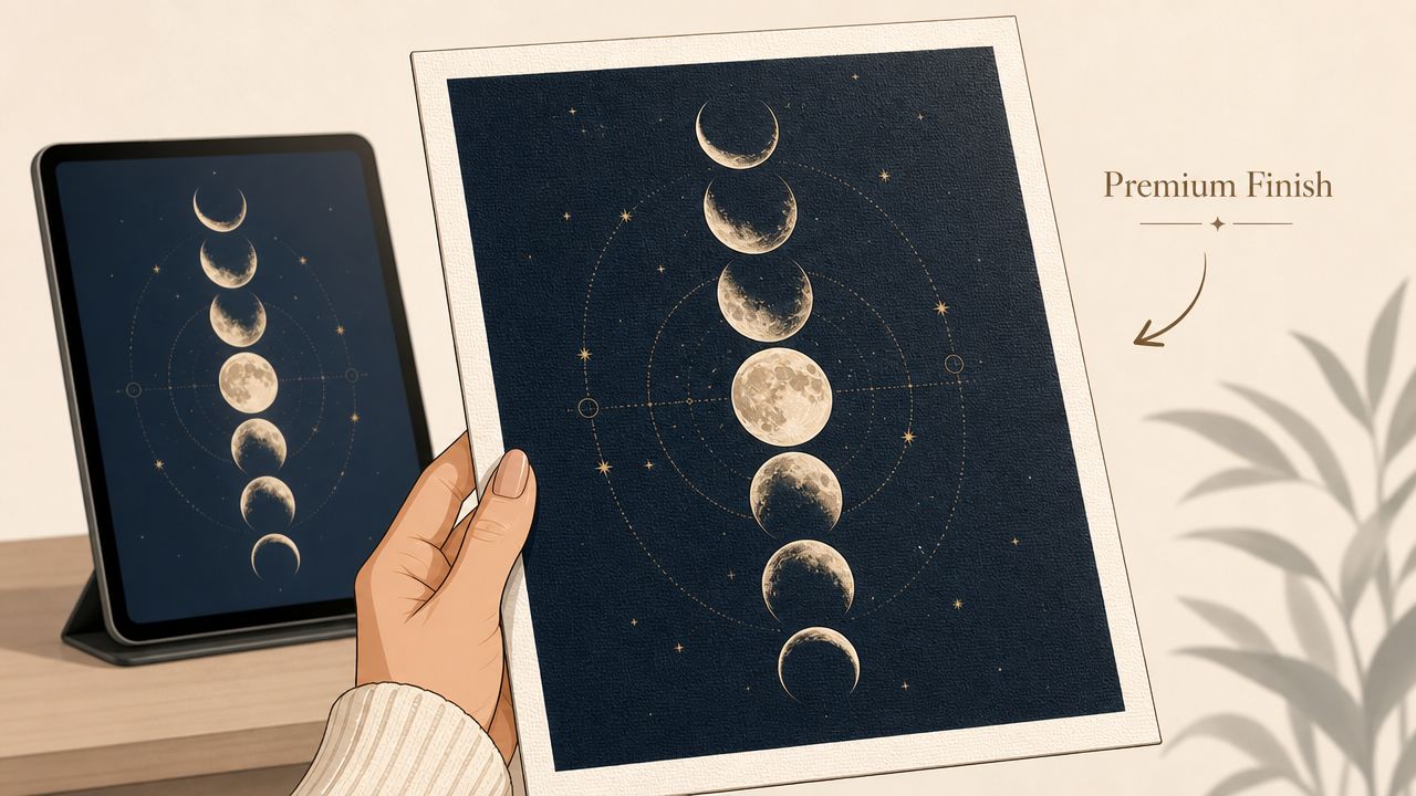 A person holding a custom moon phase print next to a digital tablet on a desk.
