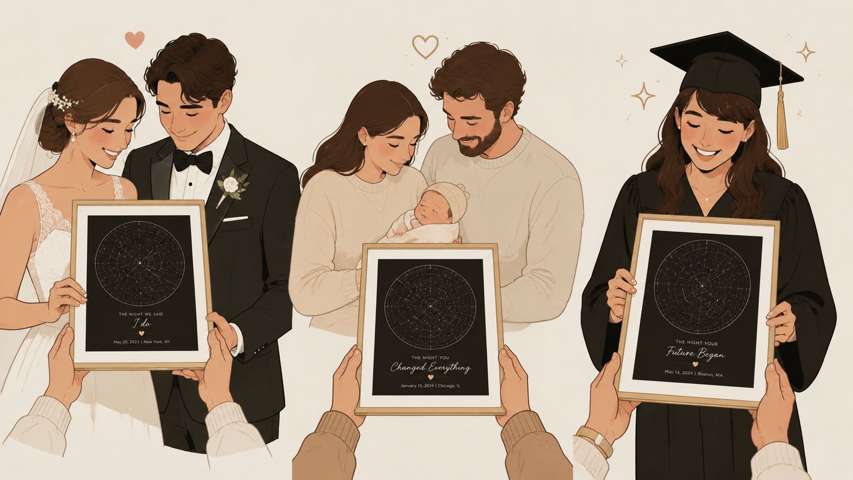 Three illustrations showing people holding custom star map prints for a wedding, birth, and graduation milestone.