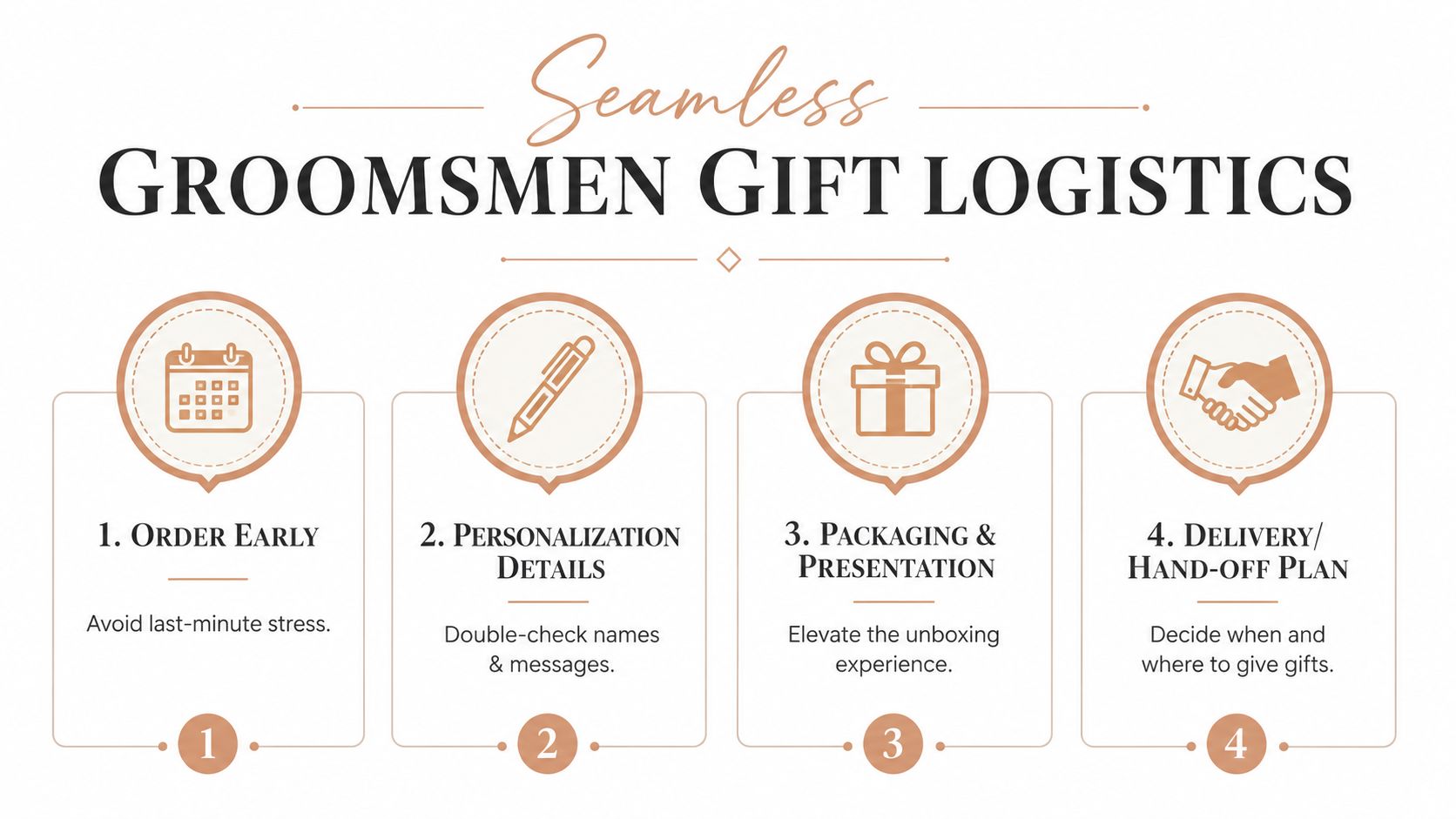 A graphic design showing four steps for managing groomsmen gift logistics including ordering early and personalization.