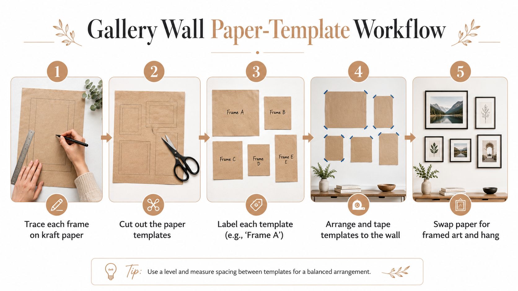 A step-by-step infographic showing how to create a gallery wall using paper templates on a wall.