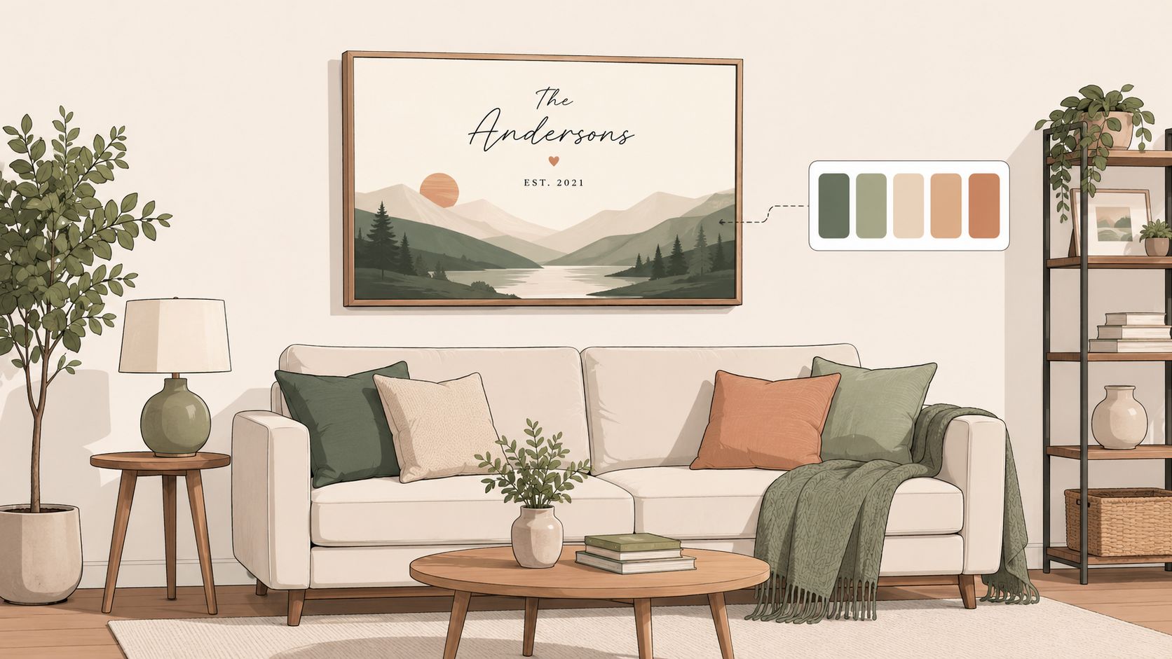 A cozy living room featuring a personalized landscape wall art print for couples above a neutral sofa.