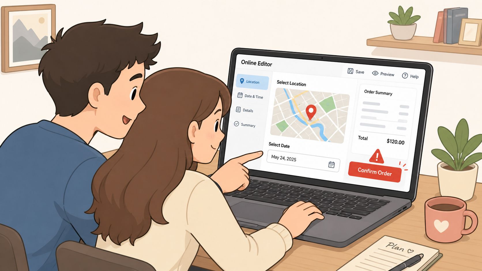 A young couple sits together while using a laptop to customize and order personalized wall art online.