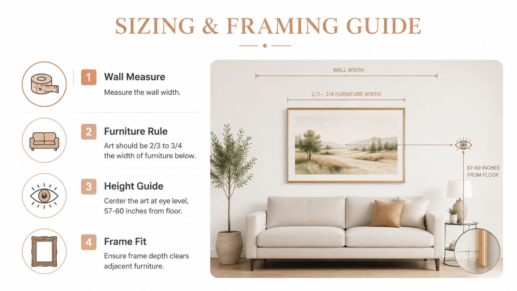 A helpful infographic guide illustrating how to properly size and hang artwork above furniture for home decoration.