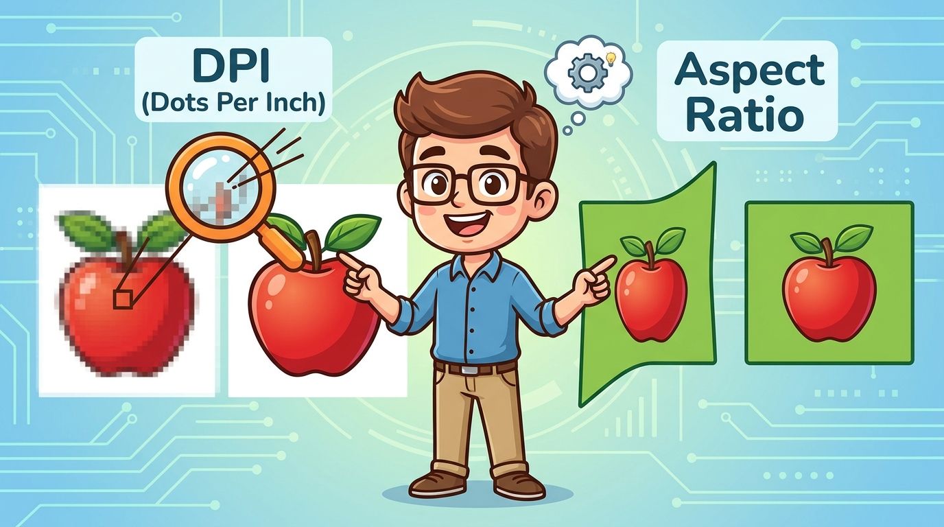 An educational poster illustration explaining digital imaging concepts like DPI and aspect ratio using an apple graphic.