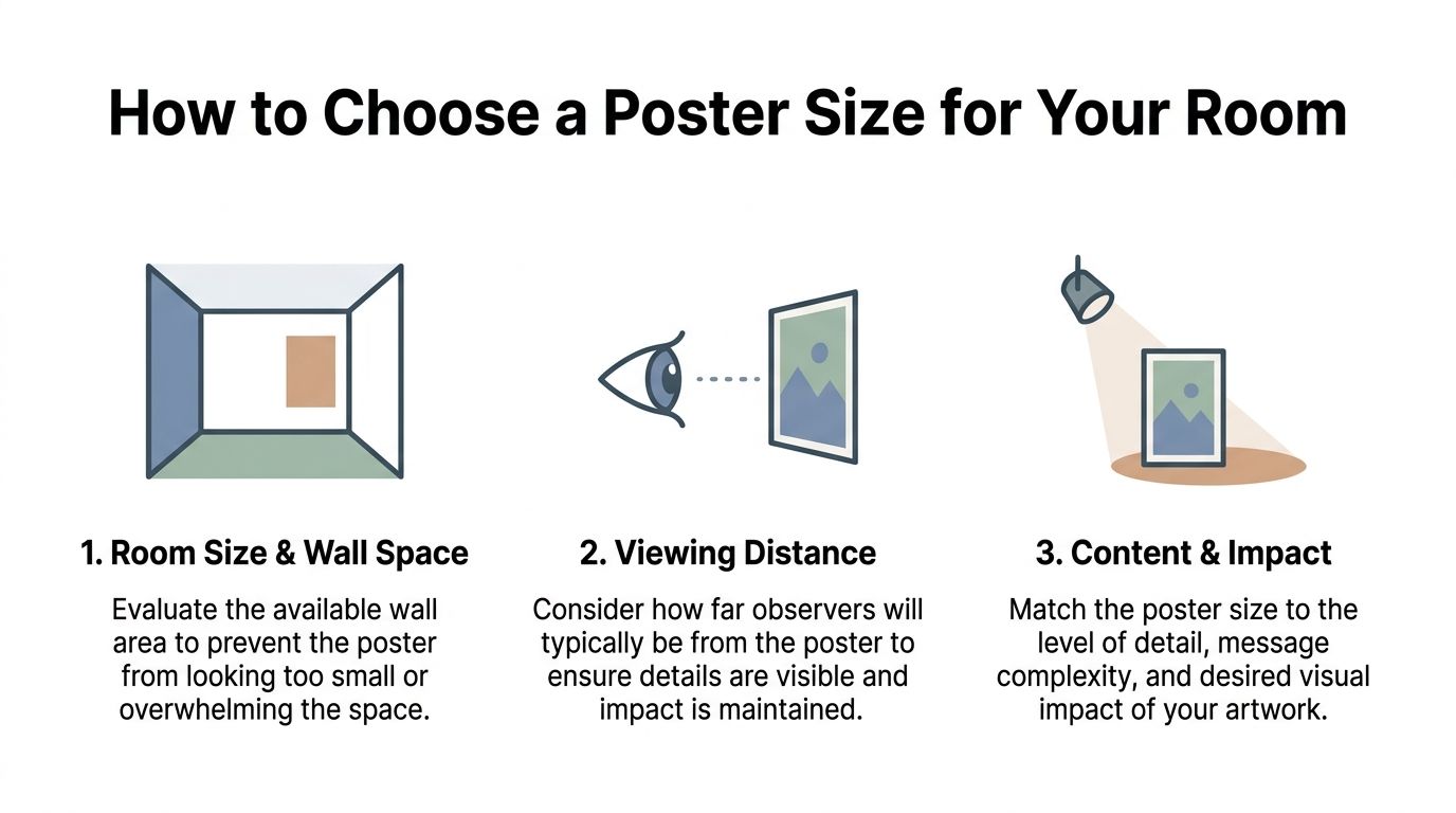 A graphic illustration detailing three steps for choosing the correct poster size for your living space.