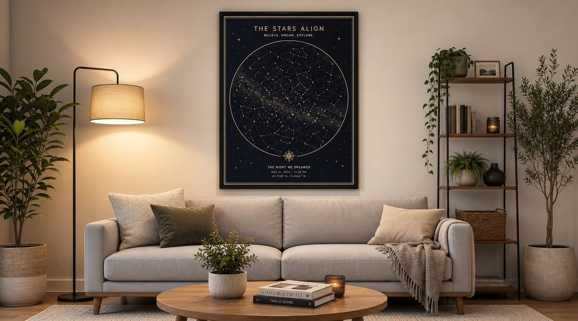 A cozy, modern living room featuring a framed star map poster above a comfortable beige sofa.