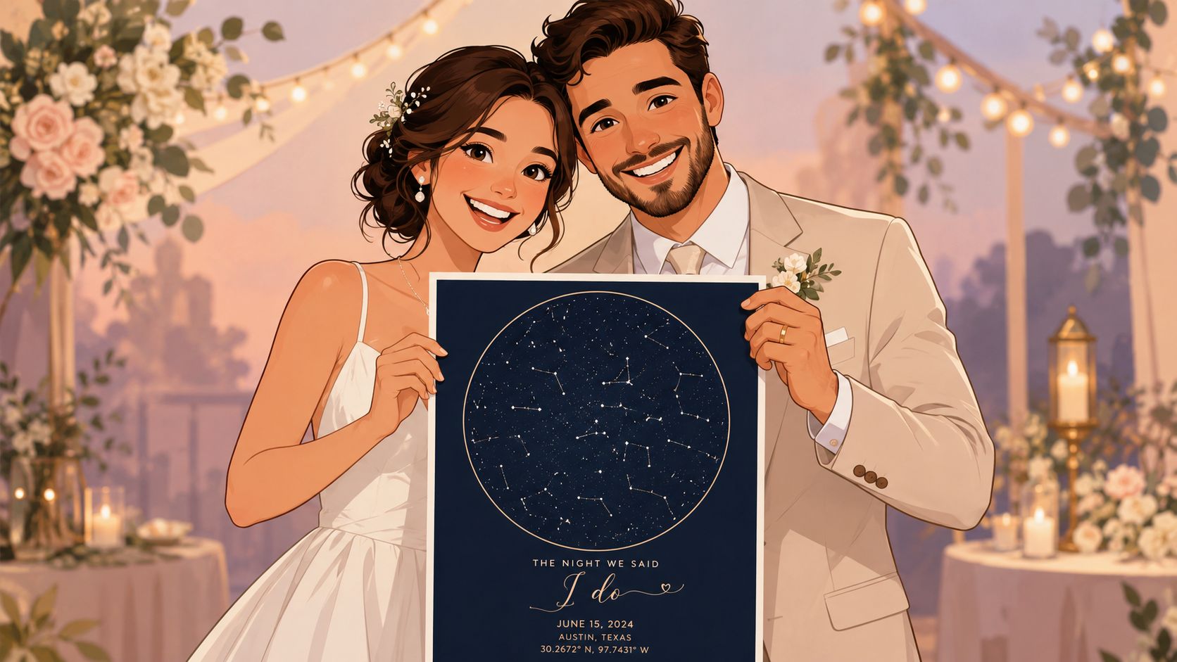 A newlywed couple holds a framed star map poster showing constellations during their wedding reception evening.