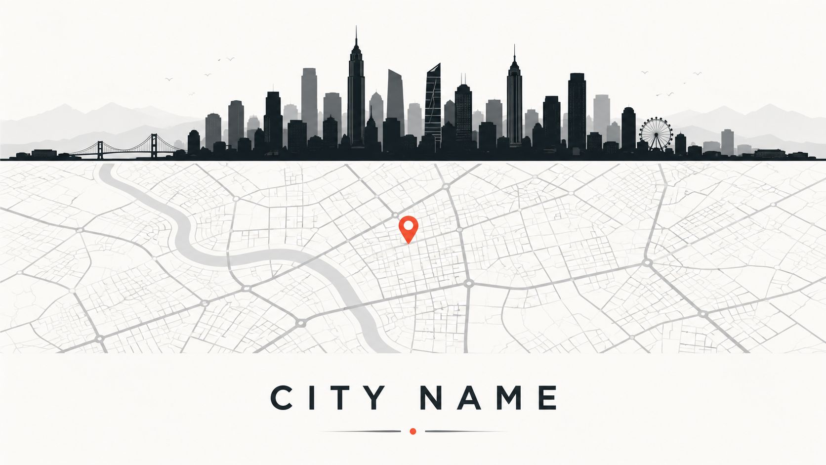 A modern minimalist graphic design showing a city skyline silhouette above a street map with location marker.