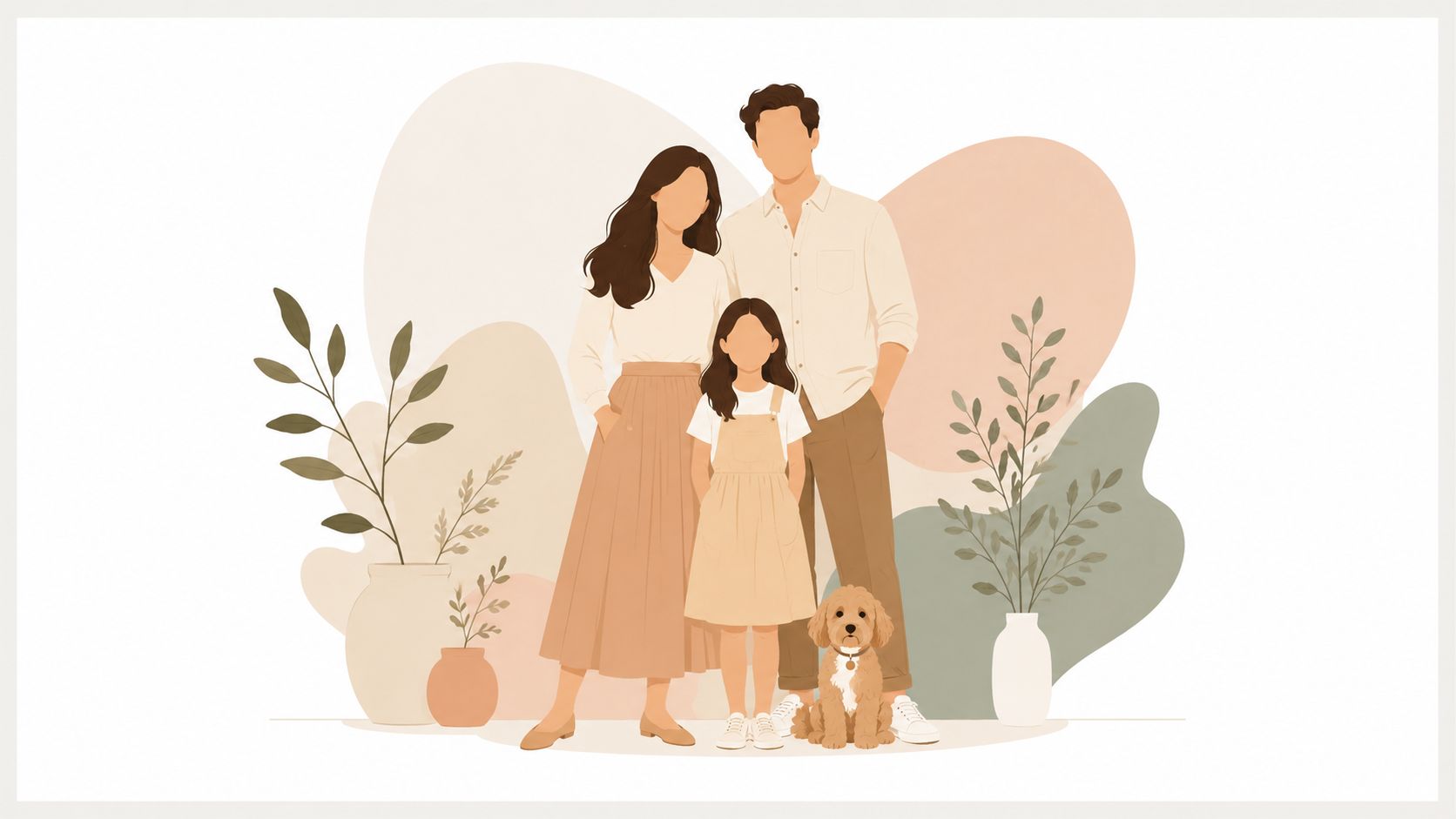 A modern minimalist illustration of a happy family including parents, a young daughter, and their small dog.