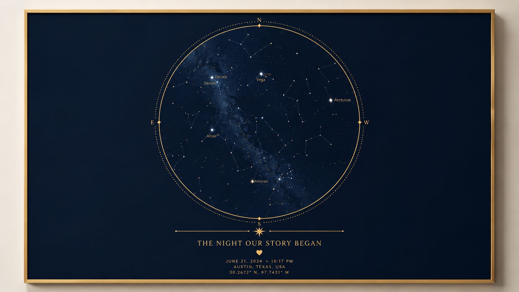 A framed circular star map showing constellations and a night sky above Austin, Texas on June 21, 2024.