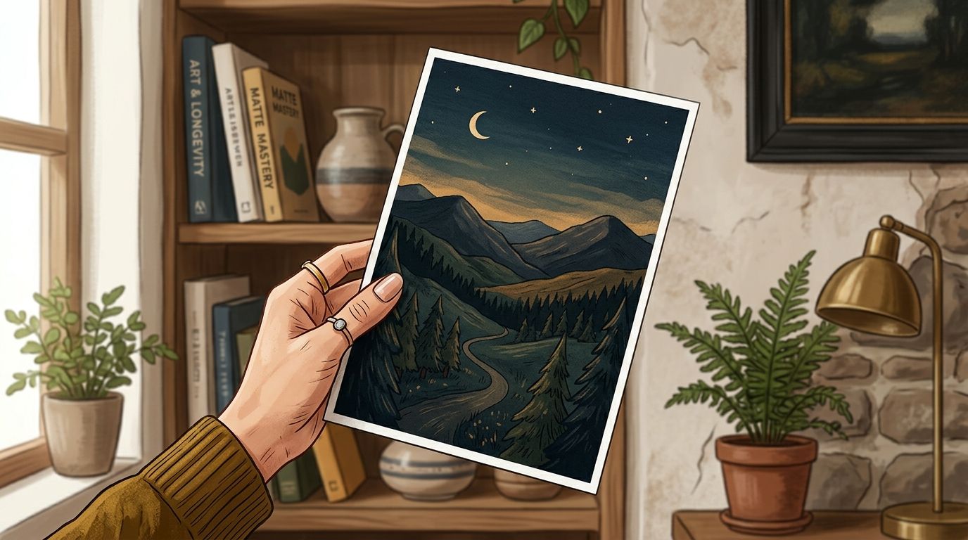 A hand holding a print of a stylized mountain landscape illustration against a bookshelf background.
