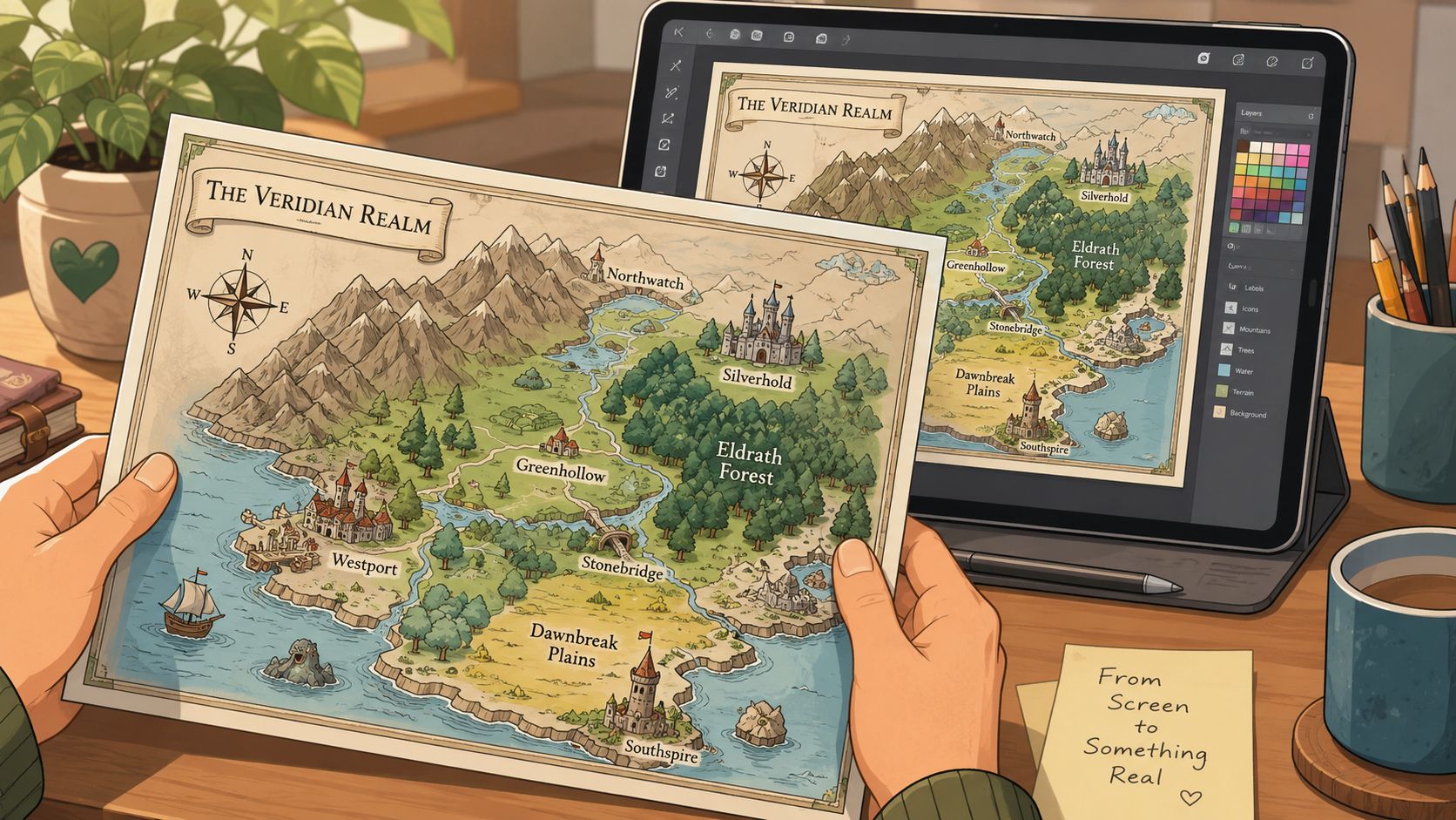 A person holding a printed fantasy map matching the digital version displayed on a tablet screen nearby.