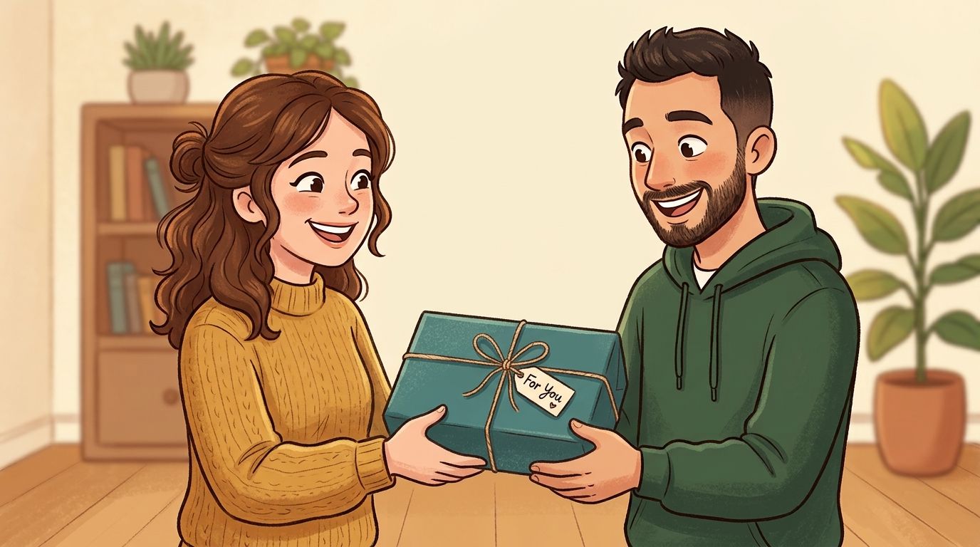 A woman with wavy hair wearing a yellow sweater hands a gift to a man in a green hoodie.