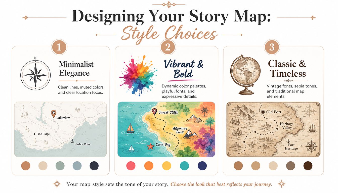 An infographic displaying three distinct design styles for creating story maps, including minimalist, vibrant, and vintage options.