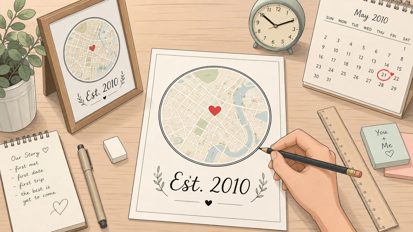 An artist sketching a personalized map with a heart marker on a wooden desk with stationery.