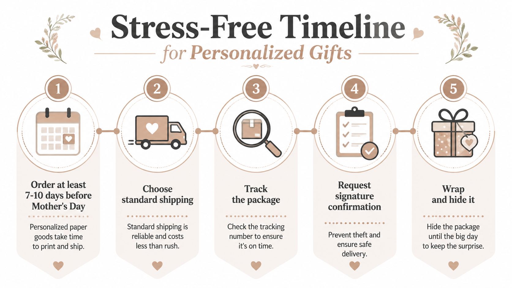 A stress-free five-step timeline graphic for planning and ordering personalized gifts for Mother's Day successfully.